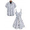 Vacation Couple Outfit Porcelain Ditsy Floral Print Bowknot Ruffle Dress and Shirt Set - Bleu clair S | US 4