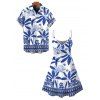 Vacation Couple Outfit Retro Tropical Plant Toucan Print Dress and Shirt Set - Bleu S | US 4