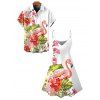 Vacation Couple Outfit Flamingo Hibiscus Floral Leaf Print Dress and Shirt Set - Blanc S | US 4