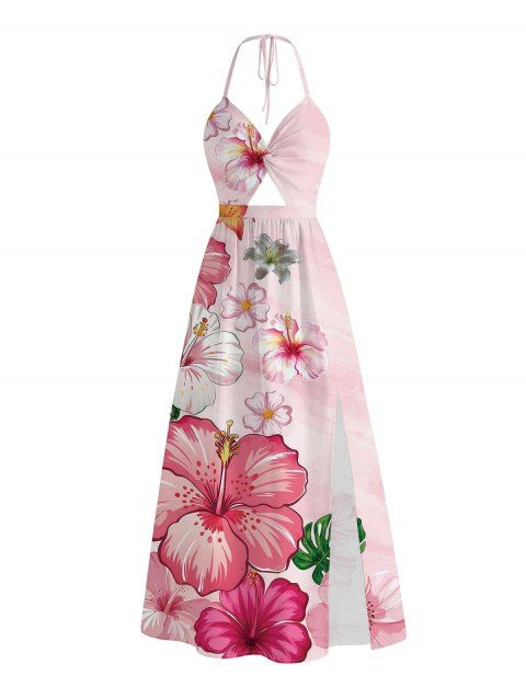 Vacation Halter Dress Hibiscus Floral Print Tie Dye Twisted Cut Out Slit Dress
