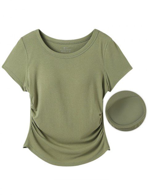 Casual T-shirt Solid Color Ruched Curved Hem Padded Cropped Tee