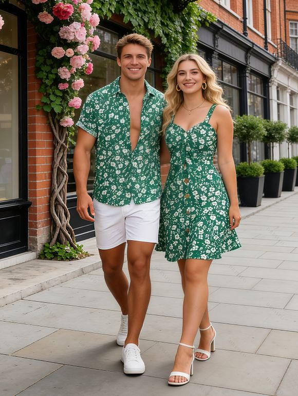 Hawaii Vacation Couple Outfit Ditsy Floral Print Bownknot Ruffle Dress and Shirt Set - Émeraude S | US 4