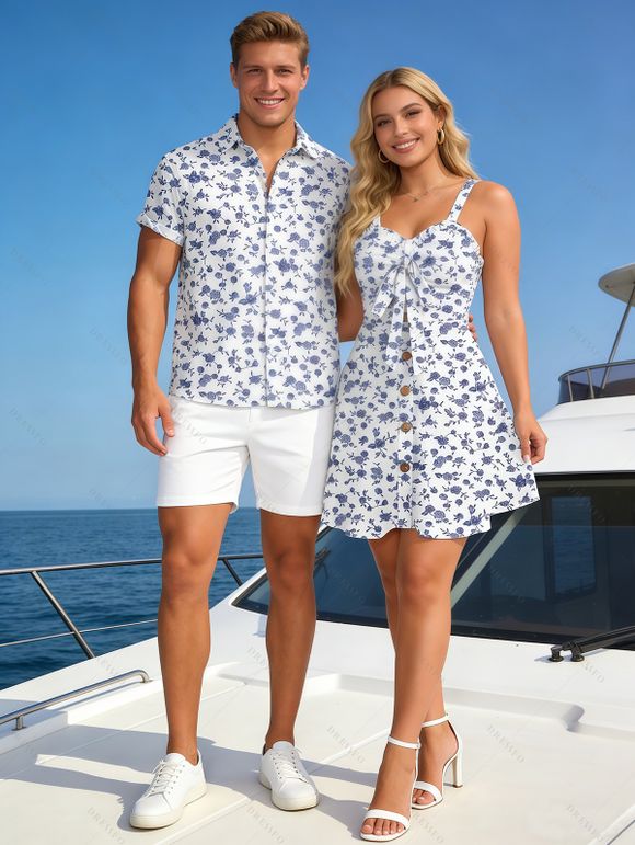 Vacation Couple Outfit Porcelain Ditsy Floral Print Bowknot Ruffle Dress and Shirt Set - Bleu clair S | US 4