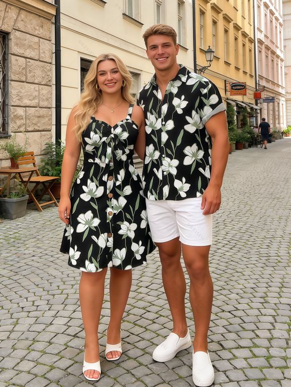 Vacation Couple Outfit Magnolia Floral Leaf Print Bowknot Ruffle Dress and Shirt Set - Noir S | US 4