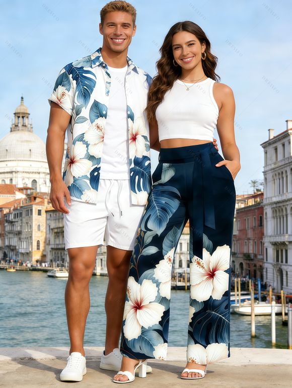 Vacation Couple Outfit Textured Tank Top Hibiscus Floral Leaf Print Belt Pants and Shirt Shorts Set - Blanc S | US 4