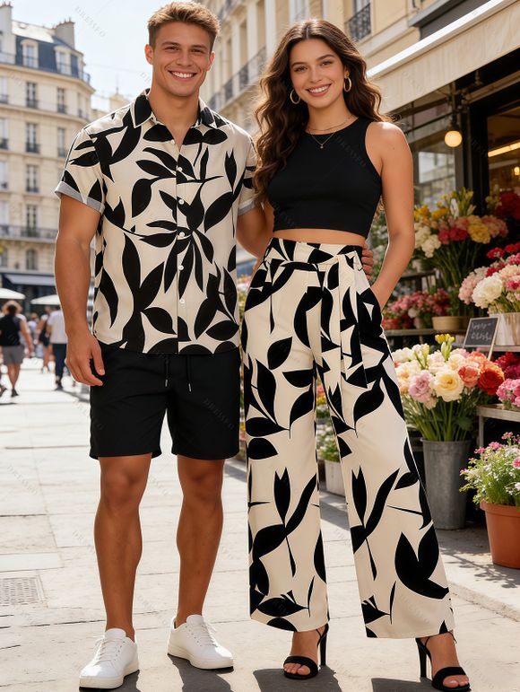 Vacation Couple Outfit Textured Tank Top Leaf Silhouette Print Belt Pants and Shirt Shorts Set - Noir S | US 4