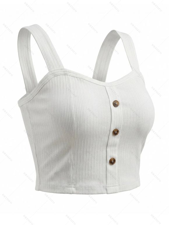 Solid Color Tank Top Textured Mock Button Sweetheart Neck Padded Cropped Tank Top - Blanc L | US 8-10