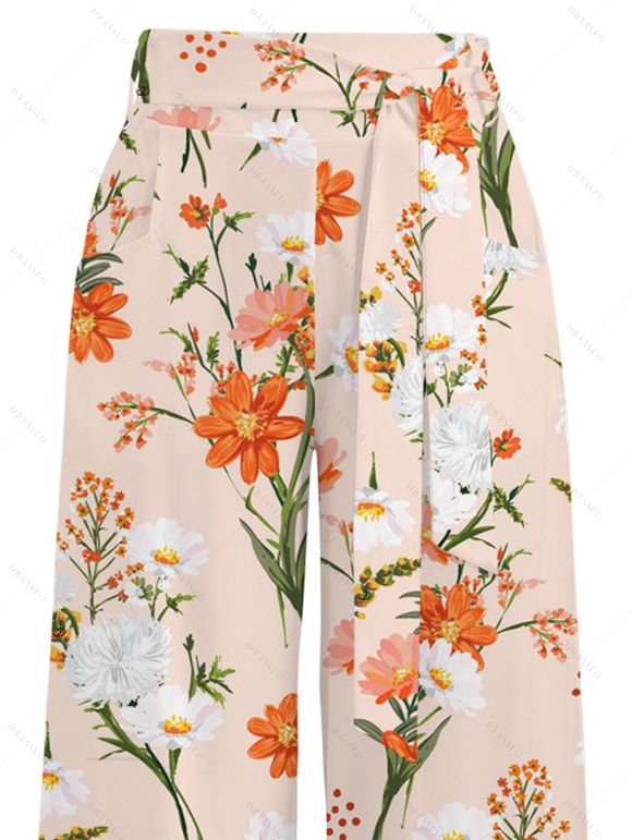 Vacation Pants Wildflower Floral Print Countryside Style Wide Leg Belt Pants - Abricot XXXXXL | US 20