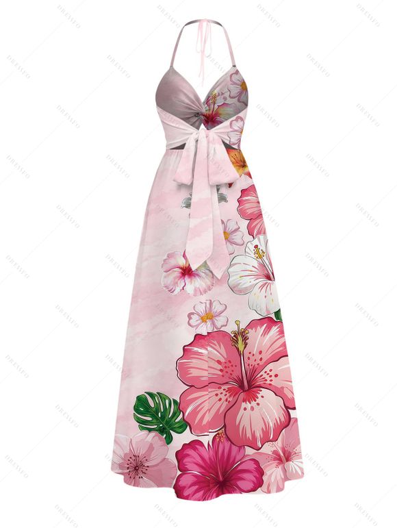 Vacation Halter Dress Hibiscus Floral Print Tie Dye Twisted Cut Out Slit Dress - Rose clair XXL | US 14