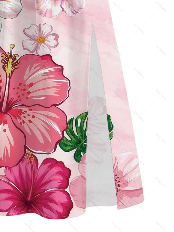 Vacation Halter Dress Hibiscus Floral Print Tie Dye Twisted Cut Out Slit Dress - Rose clair XXL | US 14