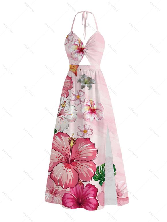 Vacation Couple Outfit Hibiscus Floral Print Twisted Cut Out Slit Halter Dress and Shirt Set - Rose clair S | US 4
