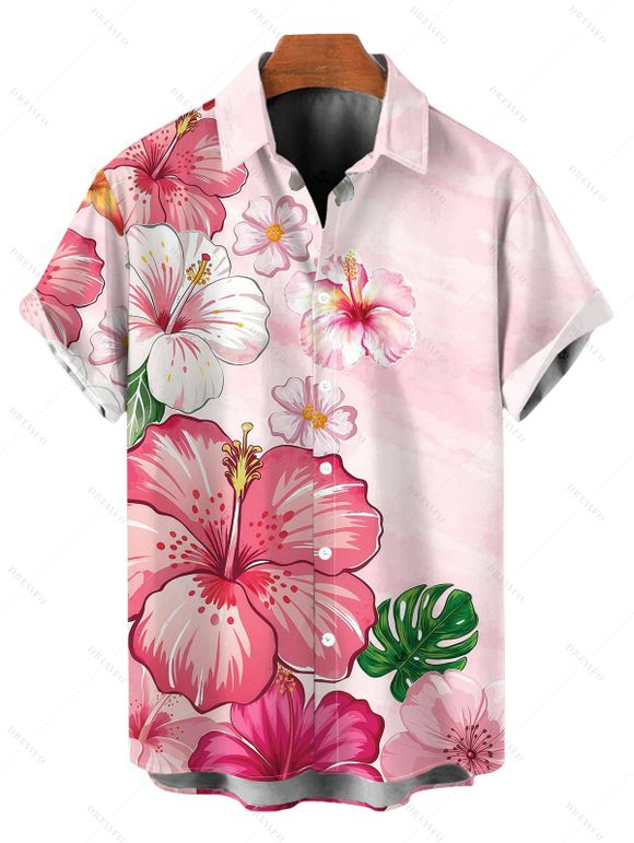 Vacation Couple Outfit Hibiscus Floral Print Twisted Cut Out Slit Halter Dress and Shirt Set - Rose clair S | US 4