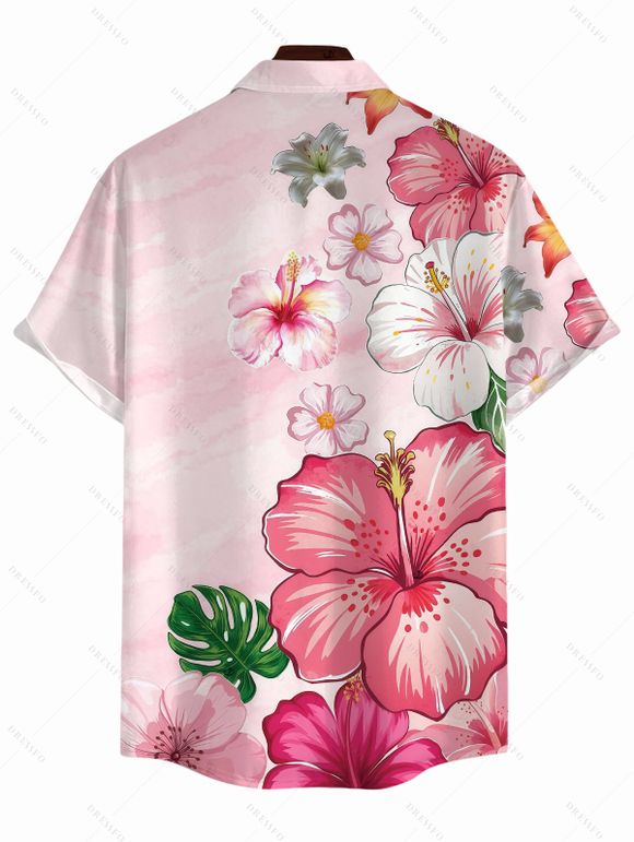 Vacation Couple Outfit Hibiscus Floral Print Twisted Cut Out Slit Halter Dress and Shirt Set - Rose clair S | US 4