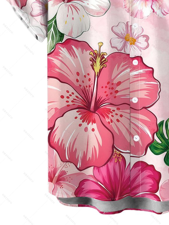 Vacation Couple Outfit Hibiscus Floral Print Twisted Cut Out Slit Halter Dress and Shirt Set - Rose clair S | US 4