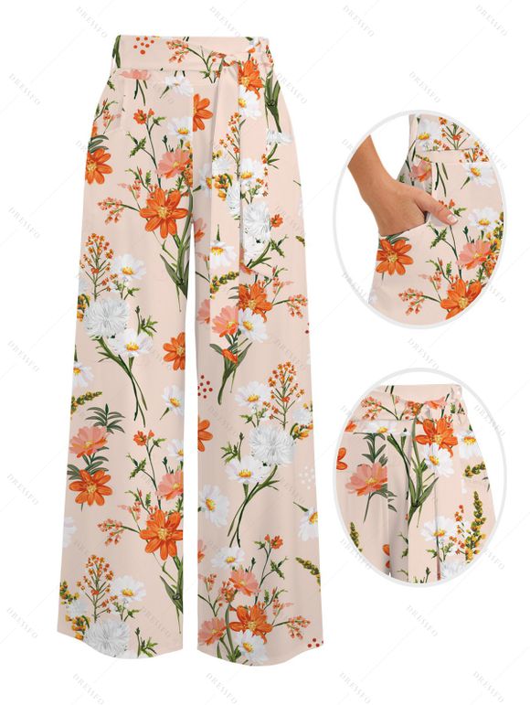 Vacation Couple Outfit Textured Tank Top Wildflower Floral Print Belt Pants and Shirt Shorts Set - Abricot S | US 4