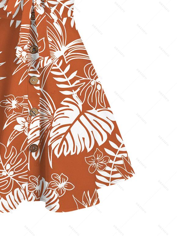 Vacation Dress White Line Tropical Plant Print Bowknot Ruffle Mock Button Hawaii Dress - Orange M | US 6