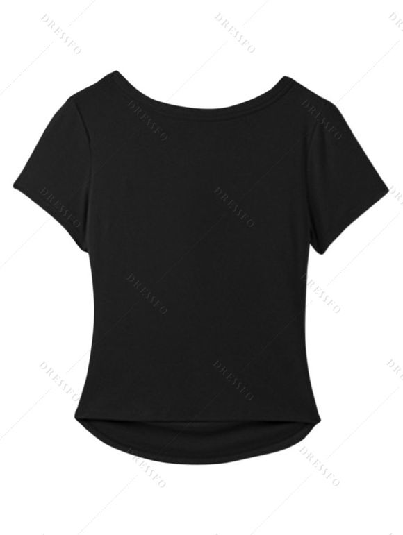 Casual T-shirt Solid Color Ruched Curved Hem Padded Cropped Tee - Noir XL | US 12