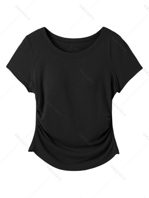 Casual T-shirt Solid Color Ruched Curved Hem Padded Cropped Tee - Noir XL | US 12