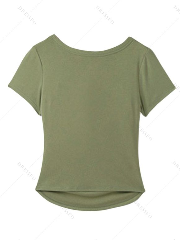 Casual T-shirt Solid Color Ruched Curved Hem Padded Cropped Tee - Olive Verte XL | US 12
