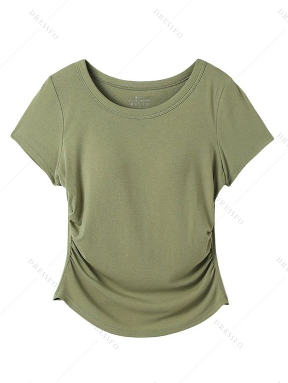Casual T-shirt Solid Color Ruched Curved Hem Padded Cropped Tee - Olive Verte XL | US 12