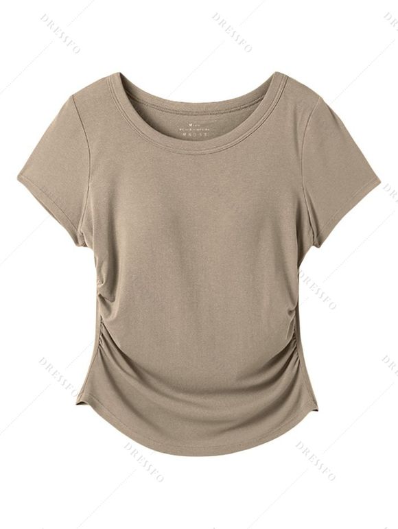 Casual T-shirt Solid Color Ruched Curved Hem Padded Cropped Tee - Bronze S | US 4
