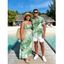 Vacation Hawaii Couple Outfit Hibiscus Lily Floral Print Lace Hollow Out Slit Dress and Shirt Set - Vert clair S | US 4