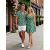 Hawaii Vacation Couple Outfit Ditsy Floral Print Bownknot Ruffle Dress and Shirt Set - Émeraude S | US 4