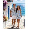 Vacation Couple Outfit Allover Mixed Floral Leaf Print Bowknot Ruffle Dress and Shirt Set - Bleu clair S | US 4