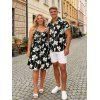 Vacation Couple Outfit Magnolia Floral Leaf Print Bowknot Ruffle Dress and Shirt Set - Noir S | US 4
