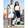 Vacation Couple Outfit Textured Tank Top Hibiscus Floral Leaf Print Belt Pants and Shirt Shorts Set - Blanc S | US 4
