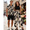 Vacation Couple Outfit Textured Tank Top Leaf Silhouette Print Belt Pants and Shirt Shorts Set - Noir S | US 4