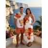 Vacation Couple Outfit Tropical Floral Pattern Spaghetti Strap Pocket A Line Long Dress and Roll Up Sleeve Solid Color Drawstrings Shorts Matching Outfit