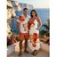 Vacation Couple Outfit Tropical Floral Pattern Spaghetti Strap Pocket A Line Long Dress and Roll Up Sleeve Solid Color Drawstrings Shorts Matching Outfit - Orange S | US 4