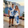 Vacation Couple Outfit Tropical Floral Pattern Spaghetti Strap Pocket A Line Long Dress and Roll Up Sleeve Solid Color Drawstrings Shorts Matching Outfit