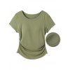 Casual T-shirt Solid Color Ruched Curved Hem Padded Cropped Tee - Olive Verte L | US 8-10