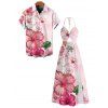 Vacation Couple Outfit Hibiscus Floral Print Twisted Cut Out Slit Halter Dress and Shirt Set - Rose clair S | US 4