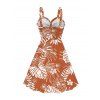 Vacation Dress White Line Tropical Plant Print Bowknot Ruffle Mock Button Hawaii Dress - Orange L | US 8-10