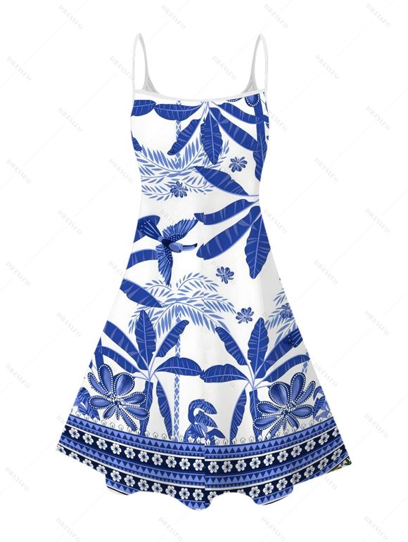 Vacation Dress Retro Tropical Plant Toucan Print Spaghetti Strap Hawaii Dress - Bleu L | US 8-10