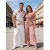 Casual Couple Outfit Solid Color Ruffle Off the Shoulder Wide Leg Jumpsuit and Leaf Print Shirt Set - Rose S | US 4
