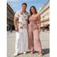 Casual Couple Outfit Solid Color Ruffle Off the Shoulder Wide Leg Jumpsuit and Leaf Print Shirt Set - café lumière S | US 4