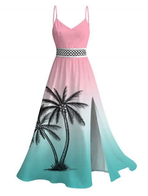 Vacation Dress for Beach Ombre Coconut Tree Print Lace Hollow Out Slit Dress