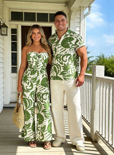 Vacation Couple Outfit Botanical Leaf Print Bowknot Off the Shoulder Jumpsuit and Shirt Set