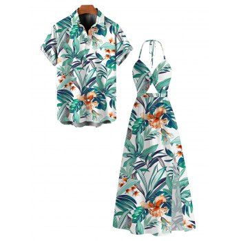 Vacation Couple Outfit Tropical Plant Floral Print Twisted Cut Out Slit Halter Dress and Shirt Set