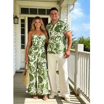 Vacation Couple Outfit Botanical Leaf Print Bowknot Off the Shoulder Jumpsuit and Shirt Set
