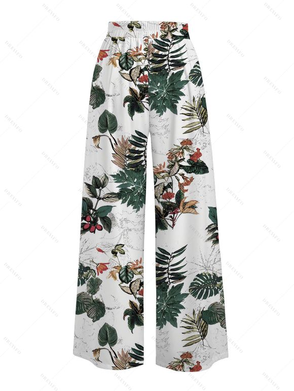 Vacation Pants Tropical Plant Flower Leaf Print Pocket Wide Leg Belt Pants - Blanc XXXXXL | US 20
