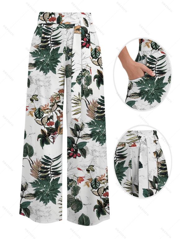 Vacation Couple Outfit Textured Tank Top Tropical Plant Print Belt Pants and Shirt Shorts Set - Blanc S | US 4