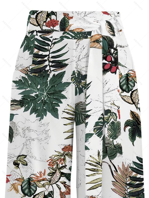 Vacation Couple Outfit Textured Tank Top Tropical Plant Print Belt Pants and Shirt Shorts Set - Blanc S | US 4