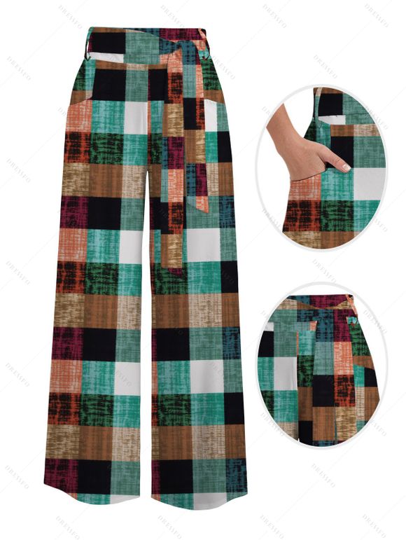 Vintage Couple Outfit Textured Tank Top Multi-color Plaid Print Belt Pants and Shirt Shorts Set - multicolor A S | US 4