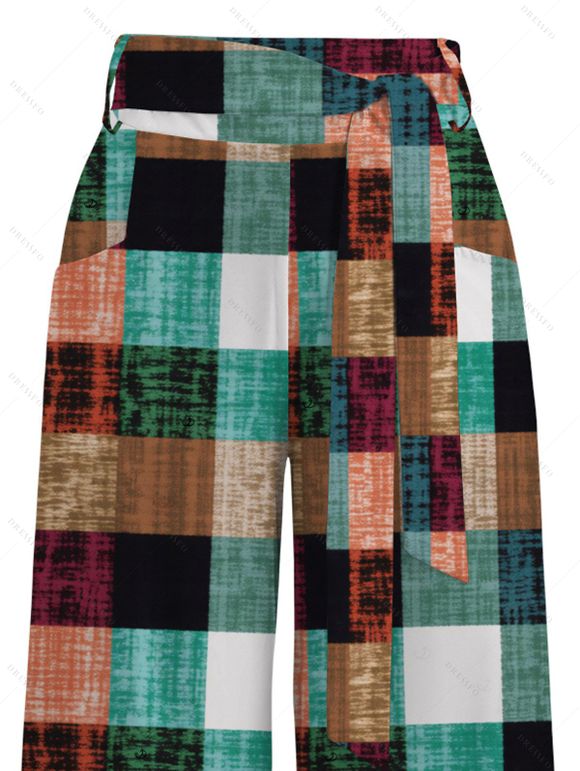 Vintage Couple Outfit Textured Tank Top Multi-color Plaid Print Belt Pants and Shirt Shorts Set - multicolor A S | US 4