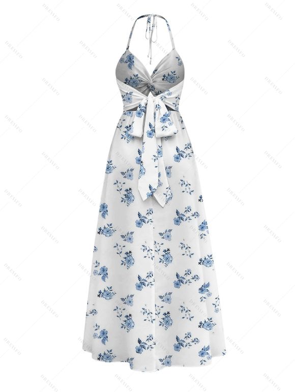 Vacation Halter Dress Porcelain Style Ditsy Floral Print Twisted Cut Out Bowknot Slit Dress - Blanc XXL | US 14